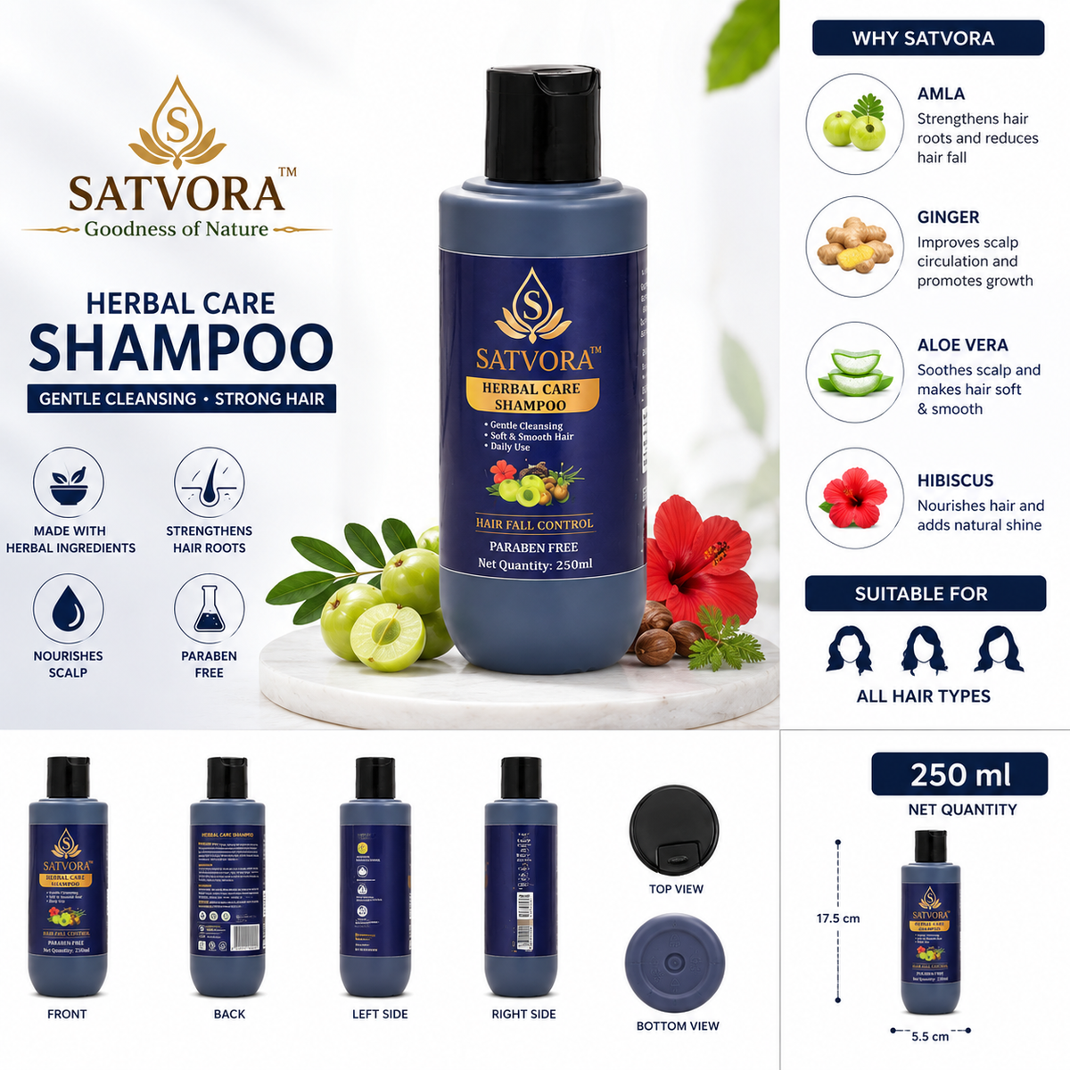 SATVORA Herbal Care Shampoo with Amla, Ginger, Aloe Vera & Hibiscus | Hair Fall Control | Paraben Free | 250 ml